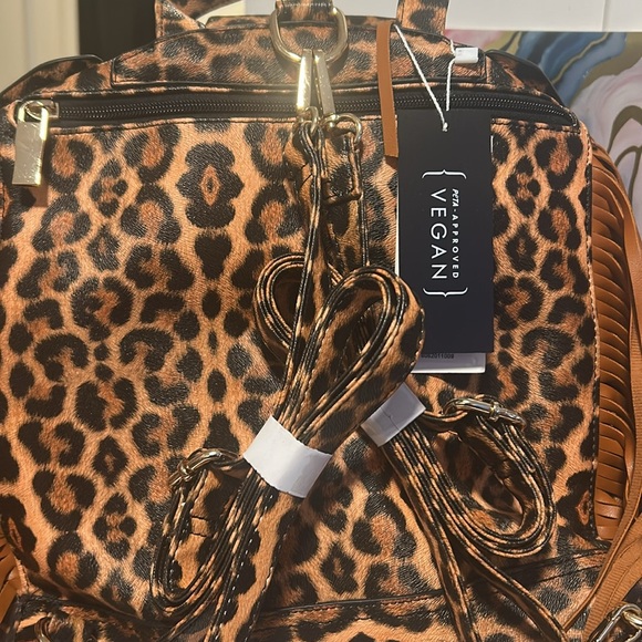NWT Leopard Moto Jacket Fringe Backpack Handbag - Picture 6 of 8